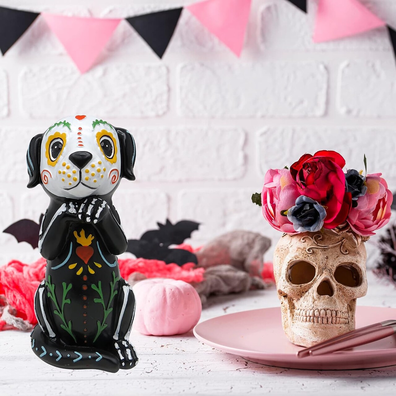Dia De Los Muertos Dog Figurine, Day of The Dead Standing Decoration for Home, Halloween Sugar Skull Decor, 9 Inches